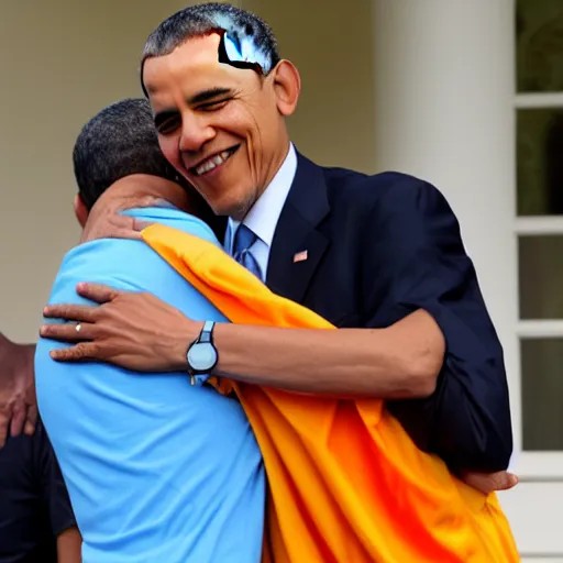 Prompt: president obama solemnly hugging a man dressed in a scooby doo costume