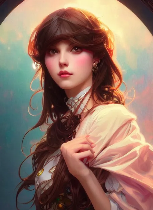 Prompt: portrait of a cute egirl, colorful, elegant, highly detailed, geek, brunette, uwu, digital painting, artstation, concept art, smooth, sharp focus, illustration, art by artgerm and greg rutkowski and alphonse mucha