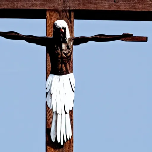Prompt: a bald eagle, crucified on a crucifix