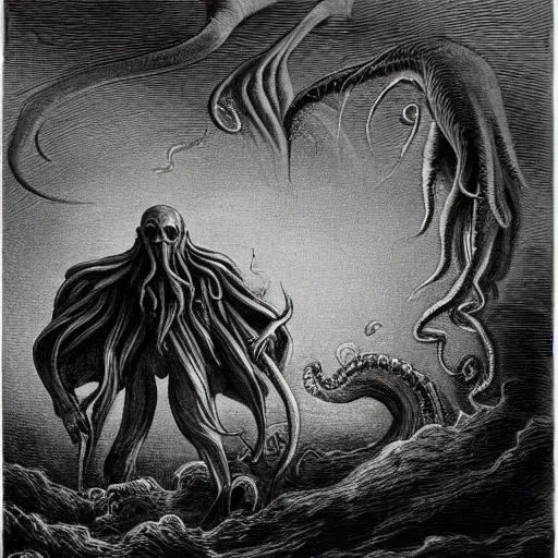 Image similar to a traditional portrait of cthulhu, night, clouds, illustration by Gustave Doré