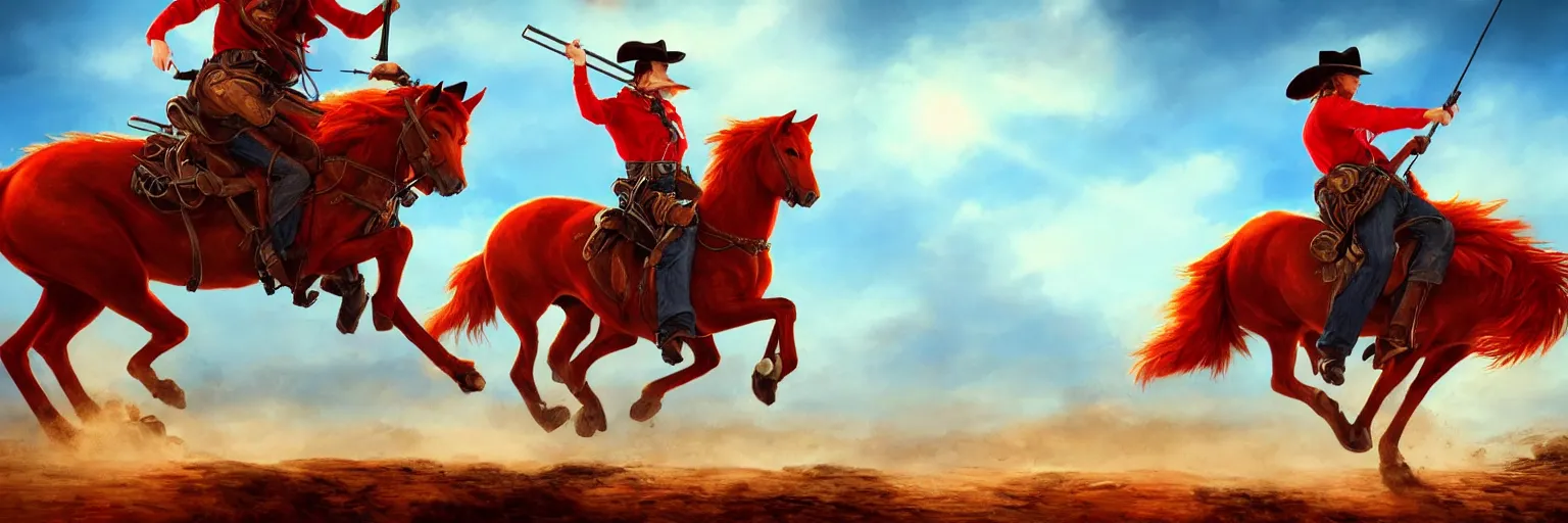 Image similar to a red cat wearing a blue hat while riding a horse and shooting a gun into the air, wild west background, digital art, amazing quality, perfect lighting. Professional design. Great composition. Mind blowing detail. award winning art. impressive colors. trending on artstation.