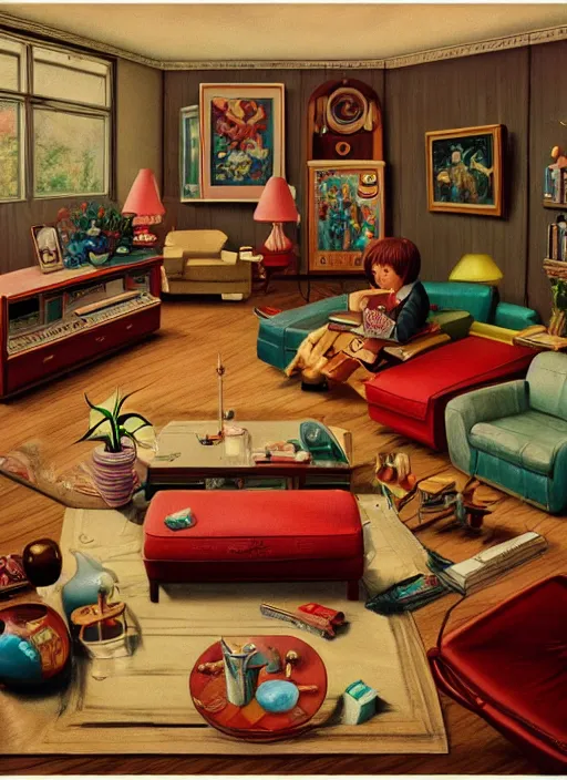 Image similar to highly detailed wide - angle portrait of a retro 1 9 6 0 s living room, nicoletta ceccoli, mark ryden, lostfish, earl nore, hyung tae, frank frazetta, global illumination, god rays, detailed and intricate environment