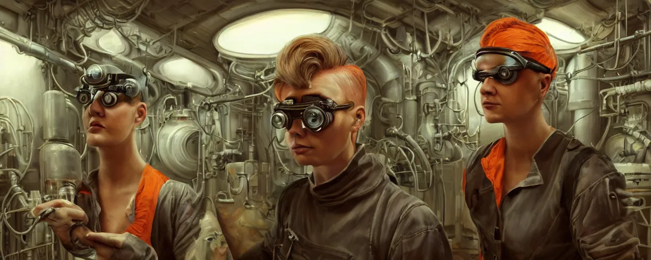 Image similar to oil painting, character concept art 3 / 4 portrait of tattooed stoic heroic emotionless butch blonde woman engineer with short slicked - back hair, wearing dark victorian goggles, wearing orange bandana around neck, working inside reactor room, awkward and uncomfortable and anxious, dirty, ron cobb. industrial space program, scifi, hyper detailed. octane render. trending on artstation