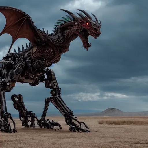 Image similar to cinematic still of westworld, a intact stunning intricate si - fi robotic fantasy dragon, well armored mech dragon, highly detailed