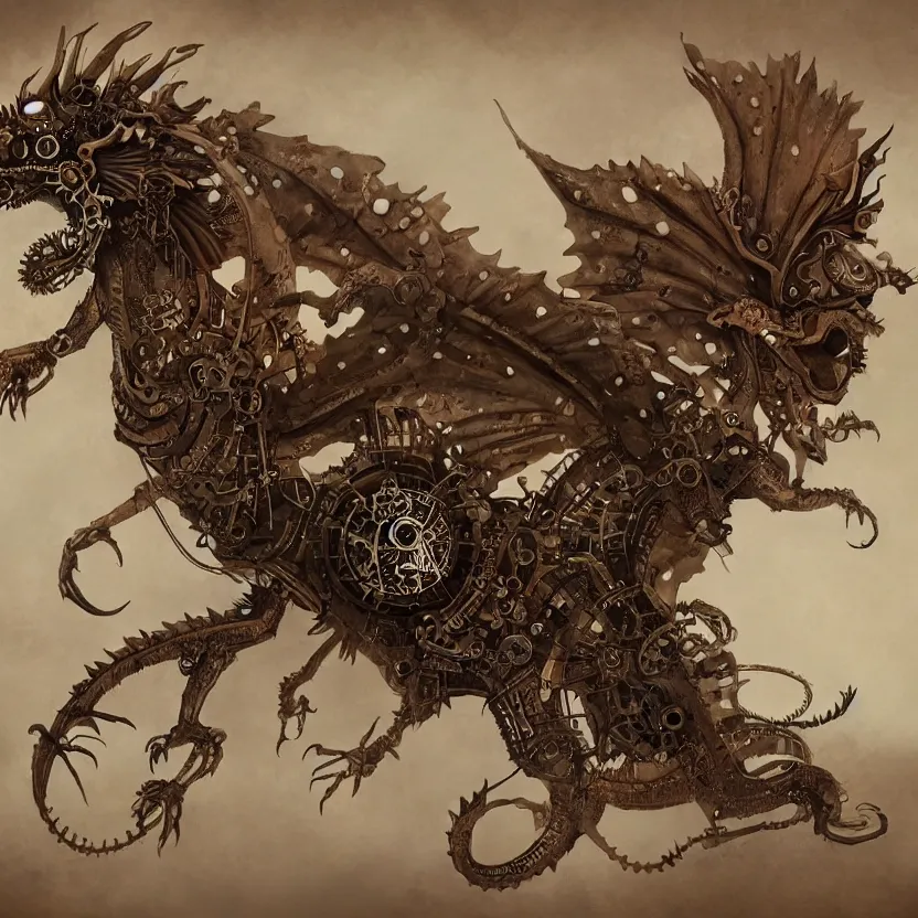 Prompt: concept art for a steampunk clockwork dragon. whimsical fantasy art. award winning painting. highly detailed digital art. masterpiece. trending on artstation