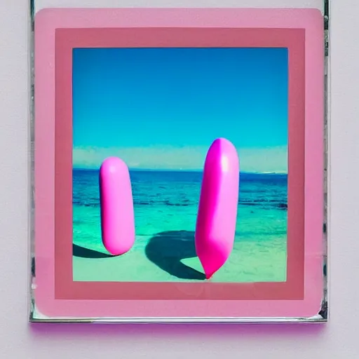 Image similar to a pastel colour high fidelity wide angle Polaroid art photo from a holiday album at a seaside of a large pink ship in the sea surrounded with abstract inflatables, all objects made of transparent iridescent Perspex and metallic silver, a grid of sun beds iridescence, nostalgic