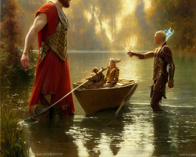 Image similar to attractive male wizard casting water spell in a beautiful lake. highly detailed painting by gaston bussiere, craig mullins, j. c. leyendecker 8 k