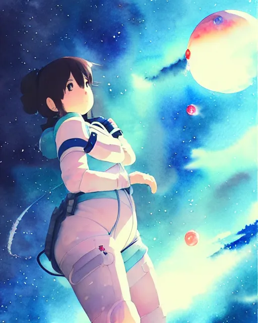 Image similar to oriental water color of a cute thicc astronaut woman, floating through space, backlit, by makoto shinkai and krenz cushart