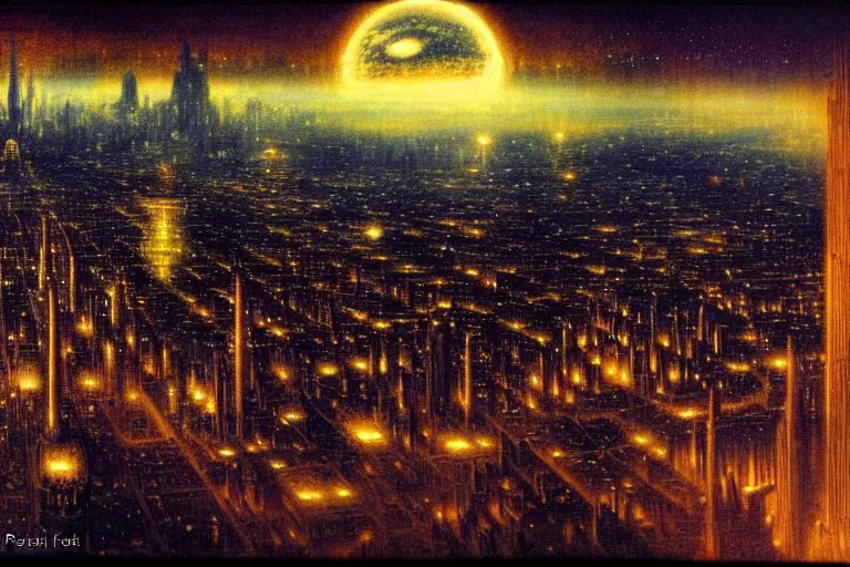 Prompt: a scifi illustration, Night City on Coruscant by edward robert hughes