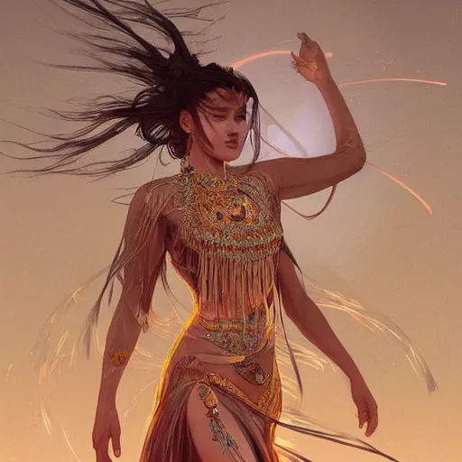 Image similar to a goddess dancing in the desert, glowing eyes, fantasy, intricate and very beautiful and elegant, highly detailed, digital painting, artstation, concept art, smooth and sharp focus, illustration, art by tan zi and ayanamikodon and alphonse mucha and wlop