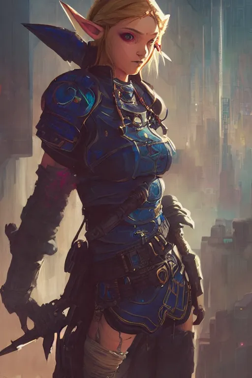 Image similar to Detailed masterpiece concept art of Cyberpunk Princess Zelda in a gritty world hyperdetailed concept art by Ross Tran and Greg Rutkowski, high quality DnD illustration, trending on ArtStation, all rights reserved Wizards of the Coast. Film grain