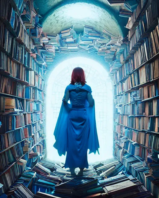 Prompt: highly detailed surreal vfx portrait of a female mage with a blue cape in a labyrinth of books, stephen bliss, unreal engine, greg rutkowski, loish, rhads, beeple, makoto shinkai and lois van baarle, ilya kuvshinov, rossdraws, tom bagshaw, alphonse mucha, global illumination, detailed and intricate environment