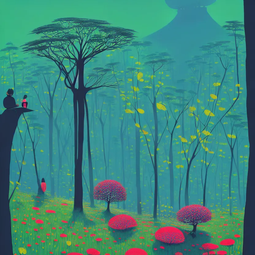 Image similar to ( ( ( ( ( gediminas pranckevicius ) ) ) ) ), stillness under bo tree in a jungle wild flower garden summer morning, very coherent and colorful high contrast art by james gilleard floralpunk screen printing woodblock, dark shadows, pastel color, hard lighting