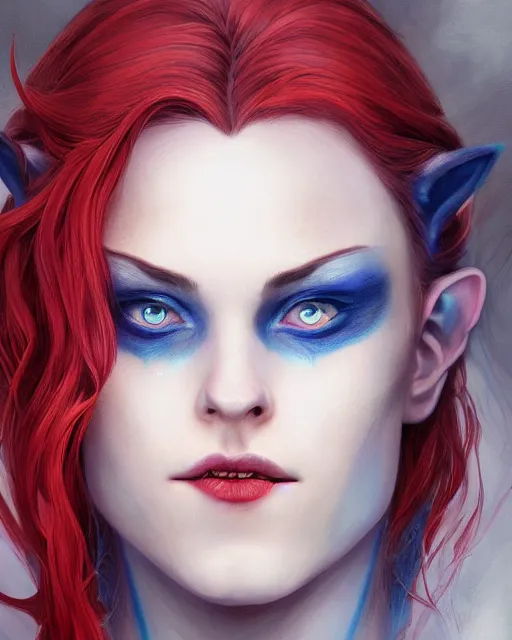 Prompt: A detailed matte oil on canvas head on symmetrical portrait of a distinguished elven woman with a blue eye and a red eye, and red and blue hair (((((makeup))))) by Charlie bowater and lise deharme wlop, trending on artstationhd, dungeons and dragons art critical role