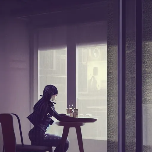 Image similar to A young woman sitting in a cafe looking out of the window with rain outside, cyberpunk, ultra realistic, concept art, intricate details, eerie, highly detailed, photorealistic, octane render, 8k, unreal engine, art by Bjorn Hurri