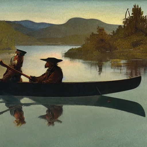 Image similar to fur trader in a canoe, 1 8 5 0. illustrated by n. c. wyeth.