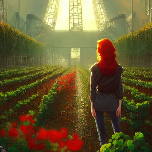 Image similar to red hair girl, chernobyl powerplant, disneyland castle, rubble, flowers, vines, hyperrealistic, highly detailed, cinematic, single ray of golden sunlight, beautiful, cgssociety, artstation, 8 k, oil painting by greg rutkowski, by artgerm, by wlop