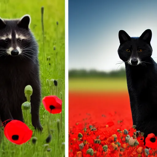 Image similar to a closeup photorealistic photograph of a two different black adult cats sitting on 4 paws next to big a black and white adult racoon in a field of poppy with a red sunset in the background. This 4K HD image is Trending on Artstation, featured on Behance, well-rendered, extra crisp, features intricate detail and the style of Unreal Engine.