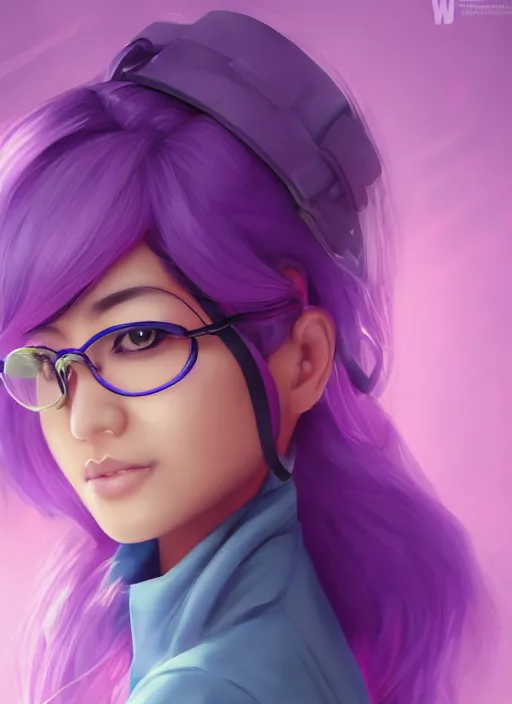 Prompt: a beautiful asian female scientist, cute and calm, purple hair, goggles, character, closeup headshot, in the style of artgerm, artstation, wlop, alexis franklin, cgsociety, 8 k resolution, detailed