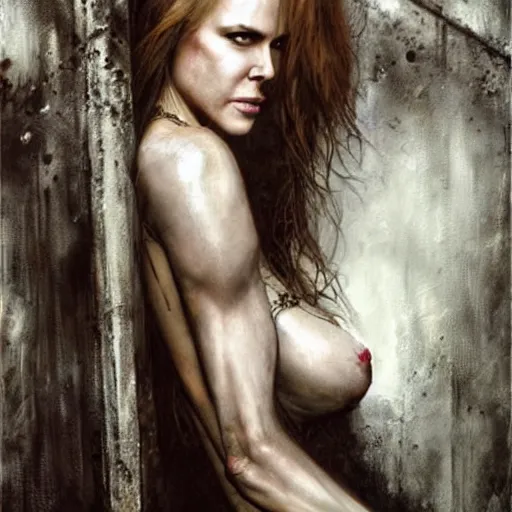 Image similar to nicole kidman chained to a wall in a dungeon, beautiful painting by raymond swanland and magali villanueve, by luis royo, beautiful detailed body and face