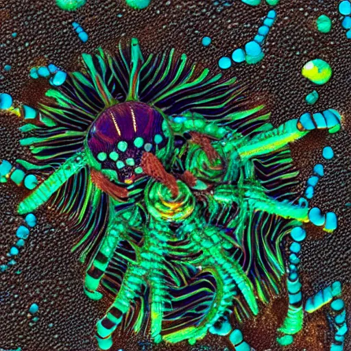 Prompt: deep ocean scale worm ( lepidonotopodium piscesae ), coloured scanning electron micrograph