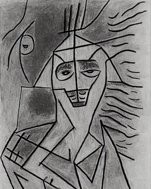 Image similar to portrait of a demon. Line drawing by Jean Cocteau. Ink on paper by Paul Klee.