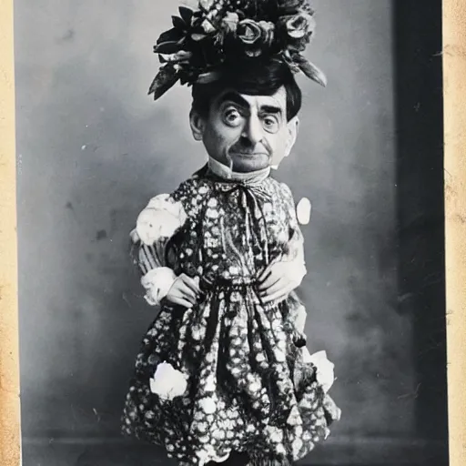 Image similar to mr.bean dressed in a flower dress, photo, 1899