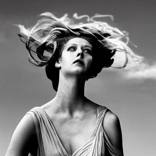 Prompt: wide angle length photgraph of a Helen of Troy, wearing a diadem, her hair blowing in the wind, dramatic lighting, by Annie Leibovitz Carl Zeiss 135mm nikon