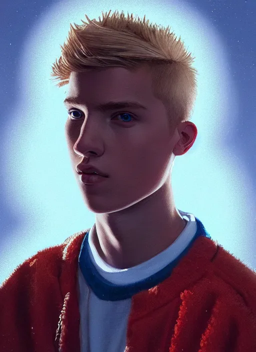 Image similar to portrait of high school senior boy named big moose, blonde short hair, jock, beefy, wide face, square jaw, square facial structure, blue varsity jacket with his name, intricate, elegant, glowing lights, highly detailed, digital painting, artstation, concept art, sharp focus, illustration, art by wlop, mars ravelo and greg rutkowski