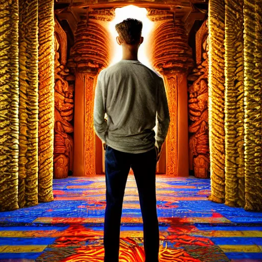 Prompt: !dream Photorealistic man standing inside a temple made of snakes. Hyperdetailed photorealism, 108 megapixels, amazing depth, glowing rich colors, powerful imagery, psychedelic Overtones