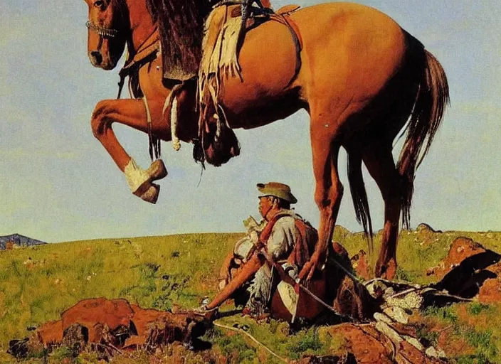 Image similar to western painting, native american sitting on horse on top of hill, by norman rockwell