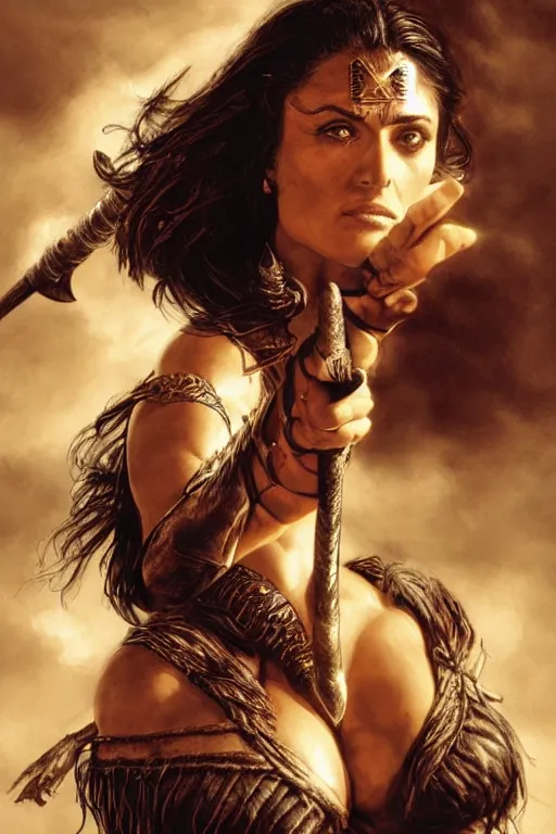 Prompt: portrait, salma hayek as a barbarian warrior, landscape, alex ross, david finch, concept art, matte painting, highly detailed, rule of thirds, dynamic lighting, cinematic, detailed, denoised, centerd