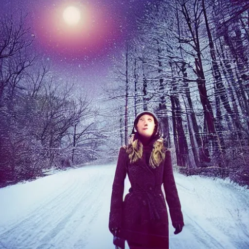 Prompt: beautiful woman with her eyes closed, close - up face, walking in the forest at night. full moon. folk horror. hyper detailed. socialist realism. snow. winter