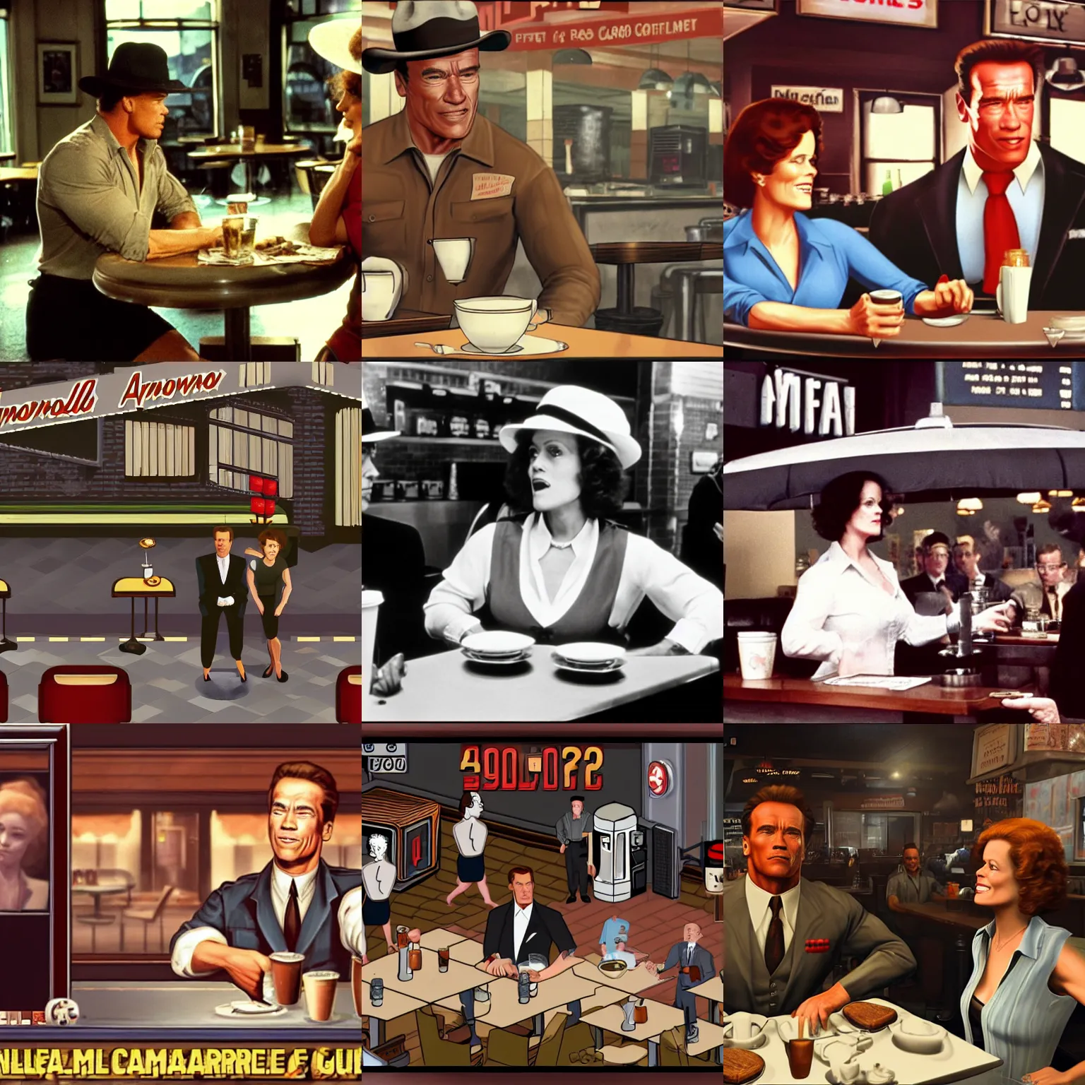 Prompt: arnold schwarzenegger as visitor in hat and shirt drink coffee, sigourney weaver as waitress on background, screen short from mafia 2, game screenshot, 1 9 3 0 style, diner caffee