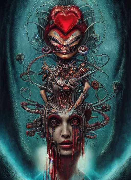 Image similar to queen of hearts, aztec god, alien, highly detailed, cinematic, 8 k, by megan duncanson, benjamin lacombe, adrian borda, stanley artgermm, tom bagshaw, craig mullins, carne griffiths, ayami kojima, beksinski, giger, trending on deviantart, hyper detailed, horror, full of colour