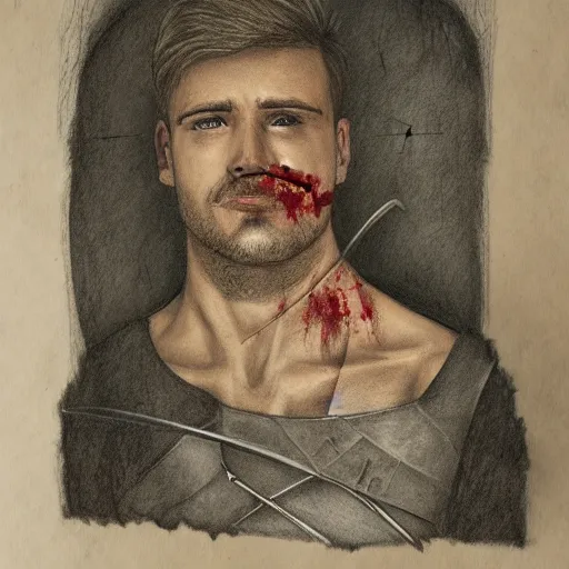 Image similar to self portrait, handsome man with battle scar on his chest holding his sword on his shoulder, pencil art, detailed, handsome, colored, bloody