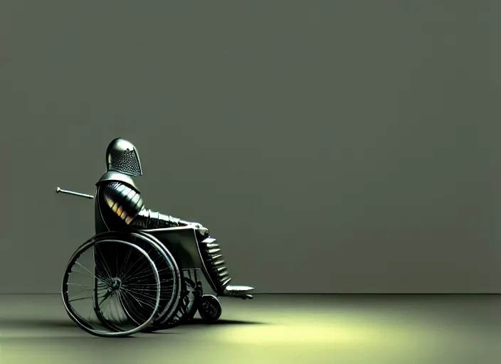Prompt: knight in armor in a wheelchair do tricks, minsk, highly detailed, soft lighting, elegant, works by edward hopper and james gillard, zdislaw beksinski, stephen outram, andreas m wiese, highly detailed, masterpiece. rendered in blender, smooth shadows, ultra detail, high resolution, unreal 6, 8 k