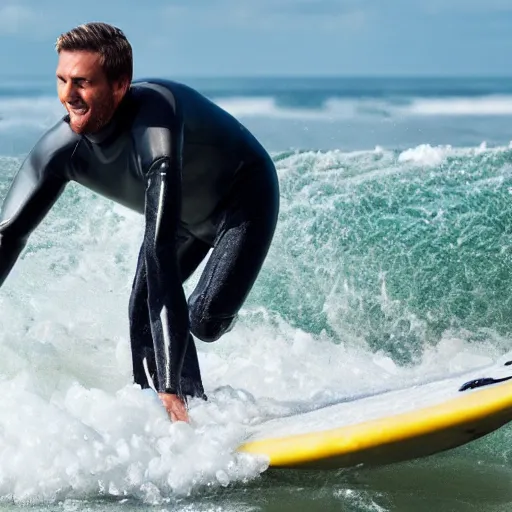 Prompt: action picture of a man surfing a wave using an ironing board