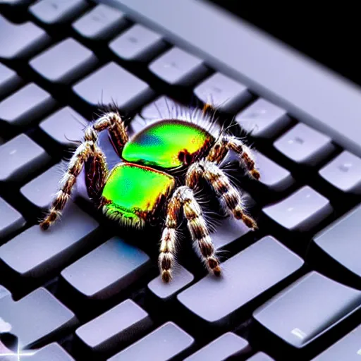 Prompt: a jumping spider using computer small keyboard, by pixar, macro lens, iridescent, montage