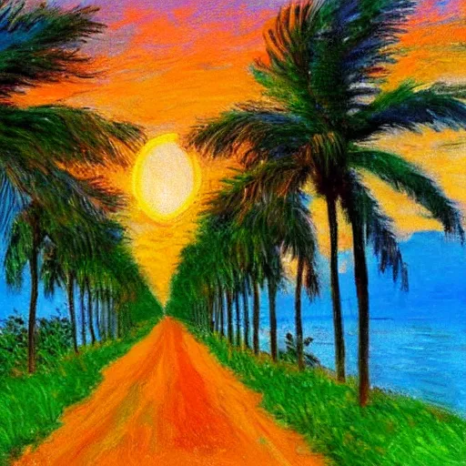 Image similar to A beautiful road with Palm trees on each side, sunset in the style of Monet