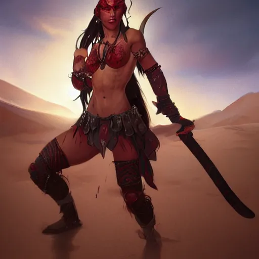 Prompt: portrait of a strong fierce female berber tiefling barbarian with red skin, devil horns and black hair in a ponytail in a desert, fantasy, highly detailed, digital painting, artstation, concept art, character art, art by greg rutkowski, tyler jacobson, alphonse mucha, ross tran and makoto shinkai