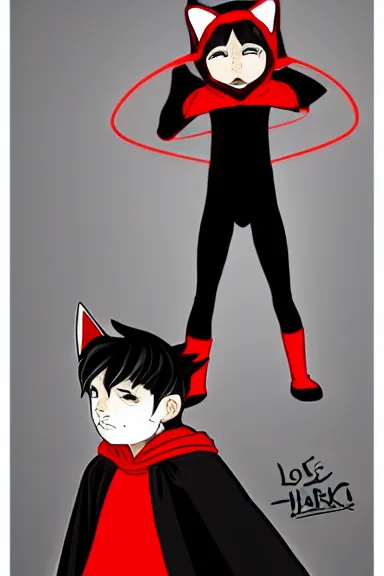 Prompt: little boy with cat ears in an black outfit with red cape. digital artwork made by lois van baarle and kentaro miura, sharpness focus, inspired by hirohiko araki, anatomically correct, heroic composition, hero pose, smooth, nightclub