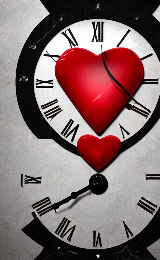 Image similar to a melting Roman numeral clock, behind a red and black gradient background, awith a black heart shaped on the top left corner and a black diamond card shape in the bottom right corner, dynamic lighting, photorealistic fantasy concept art, trending on art station, stunning visuals, cinematic, creative, ultra detailed