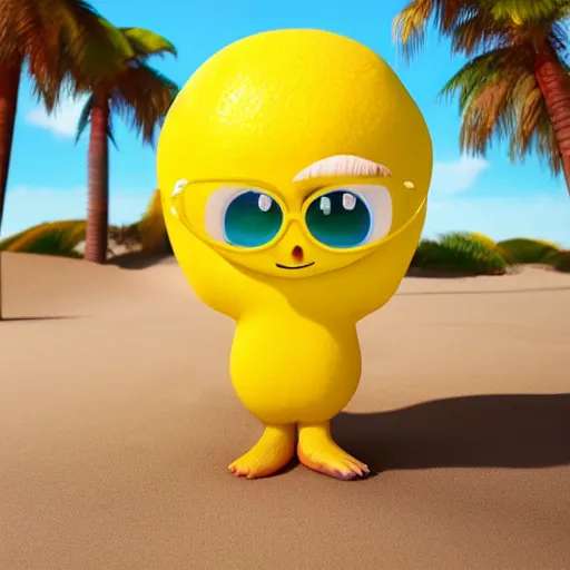 Image similar to a supercute cartoonnetwork lemon character, that is cute and good looking, it's is relaxing on a beach, dalle - 2 quality, octane render, 3 d, volumetric lightening,