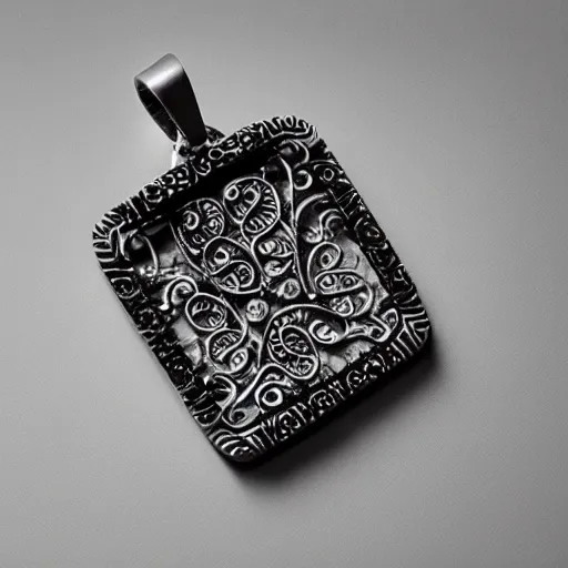 Prompt: an intricate pendant made out of bones, studio photography, black background, volumetric