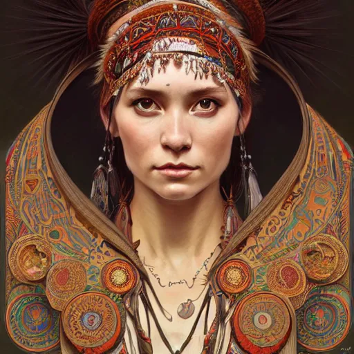 Image similar to a portrait of a female shaman, upper half portrait, decorated with russian motifs, russian shaman, siberia, traditional russia, intricate, elegant, highly detailed, symmetry, headpiece, digital painting, artstation concept art smooth sharp focus, illustration, art by artgerm and greg rutkowski alphonse mucha 8 k