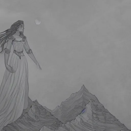 Image similar to ethereal goddess in a misty mountain valley, lineart