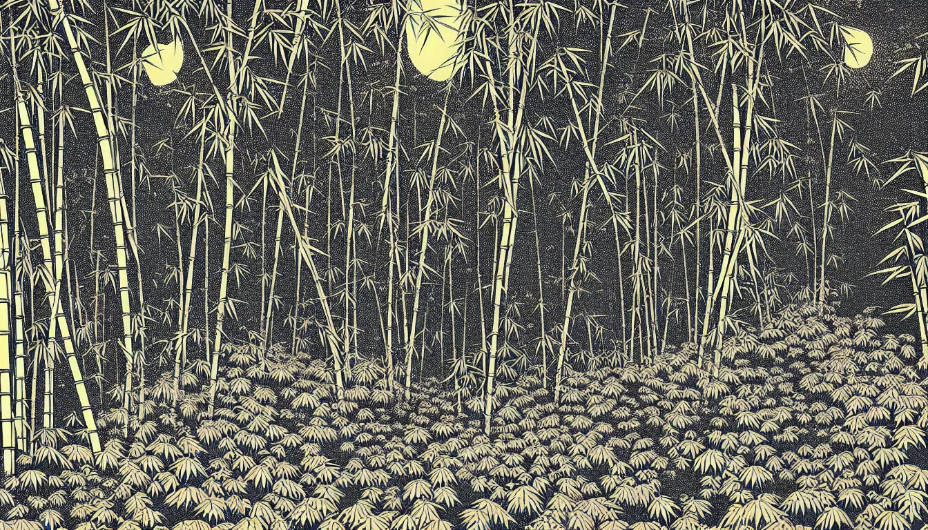 Image similar to bamboo and fern forest by woodblock print, nicolas delort, moebius, victo ngai, josan gonzalez, kilian eng