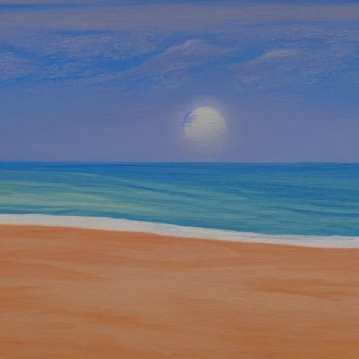Prompt: a painting of a beach with a big, blue wave visible in the distance that people are surfing on. the cartoonish sun is visible in the sky and has a drawn face with sunglasses.