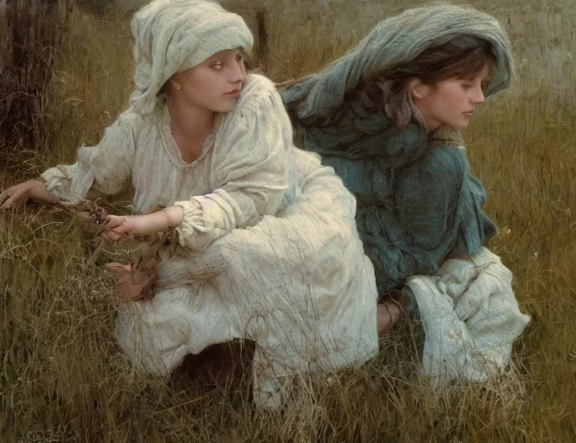 Image similar to peasant girl with long hair yarn knitting, cottage core, cinematic focus, polaroid photo bleached vintage pastel colors high - key lighting, soft lights, foggy, by steve hanks, by lisa yuskavage, by serov valentin, by tarkovsky, 8 k render, detailed, oil on canvas